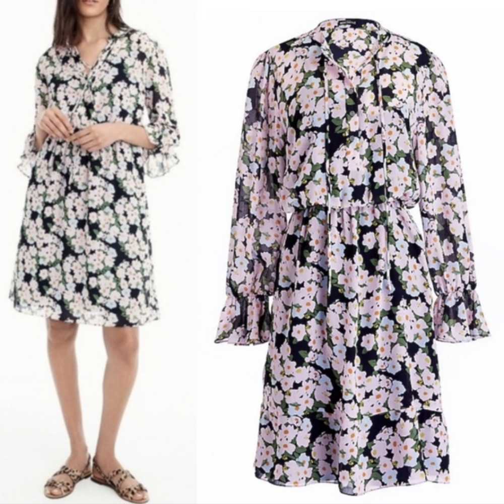 J CREW MERCANTILE Drapey Tie Front Floral Long Sleeve Dress Sz S